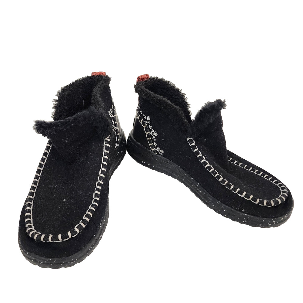 Hey Dude Womens Denny Faux Shearling Boots Black Fur Lined Ankle Size 7W Slip On